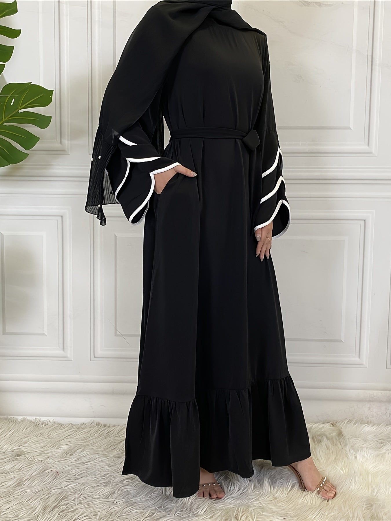 Solid Petal Sleeve Crew Neck Loose Modest Dress, Elegant Tie Waist Ruffled Hem Dress, Women's Clothing