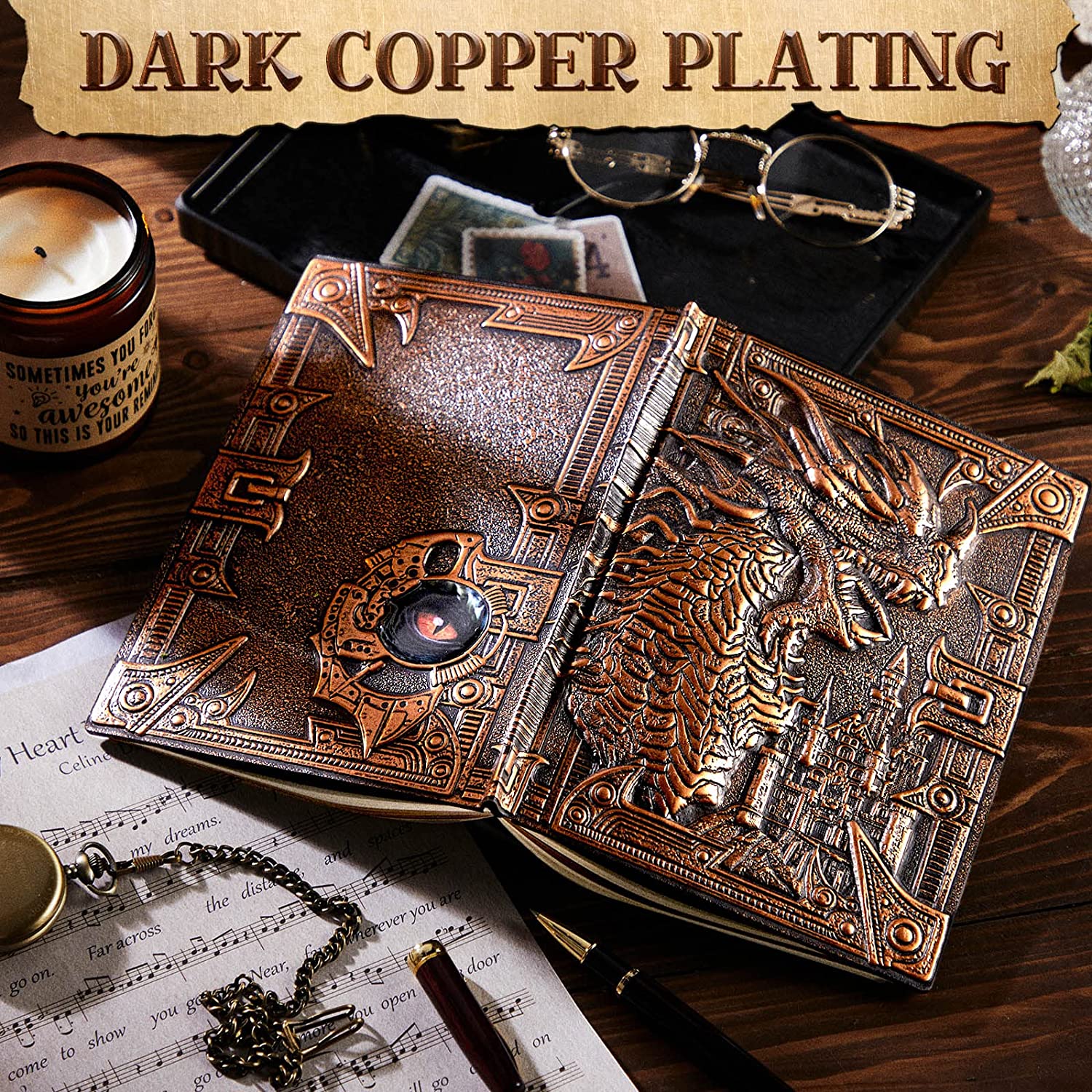 AOXUNDIY Embossed Dragon Journal Notebook, Animal Theme Plain Ruling Writing Pad with 3D Metal Dinosaur Design, Dinosaur Room Decor